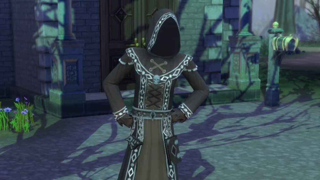 A screenshot featuring the Grand Grim Uniform reward in The Sims 4.