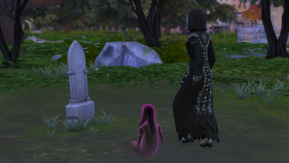 A screenshot featuring Edith the ghost NPC in The Sims 4 Life & Death Expansion Pack.