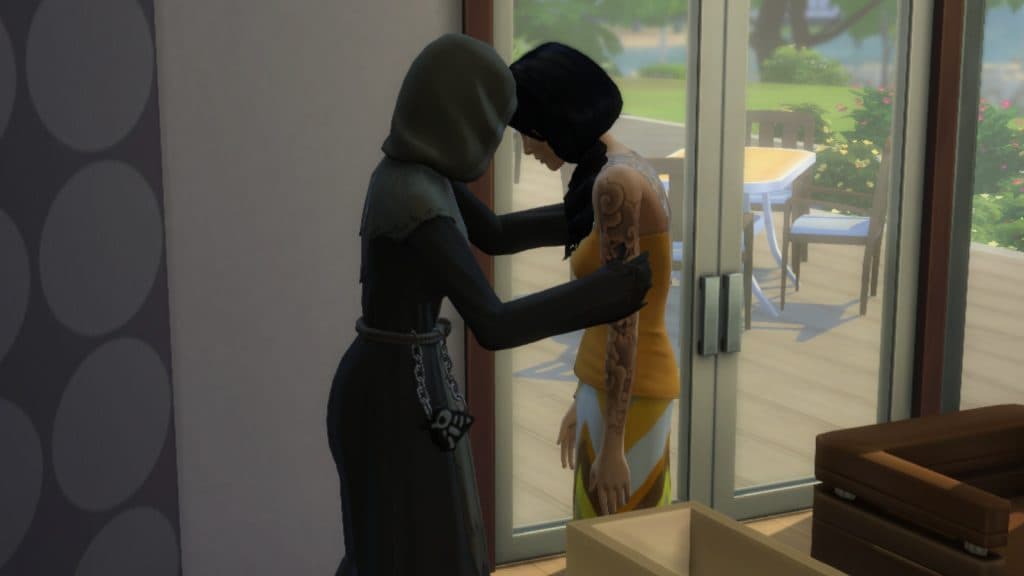 A screenshot featuring a Sim soothing a different Sim.