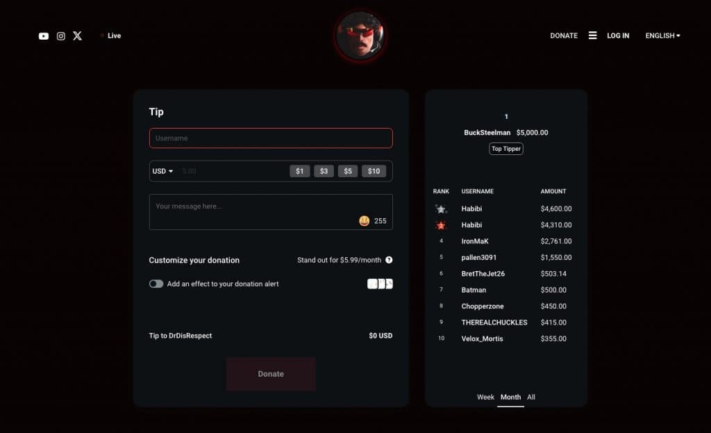 Dr Disrespect streamlabs page