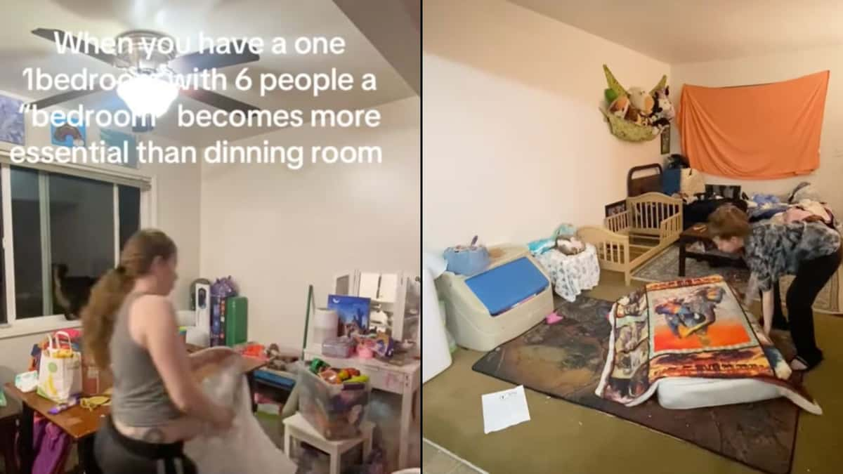 Screenshot of TikTok video showing family living in one-bedroom apartment