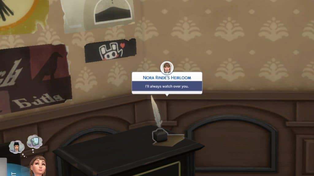 A screenshot featuring a Heirloom with engraved message in The Sims 4.