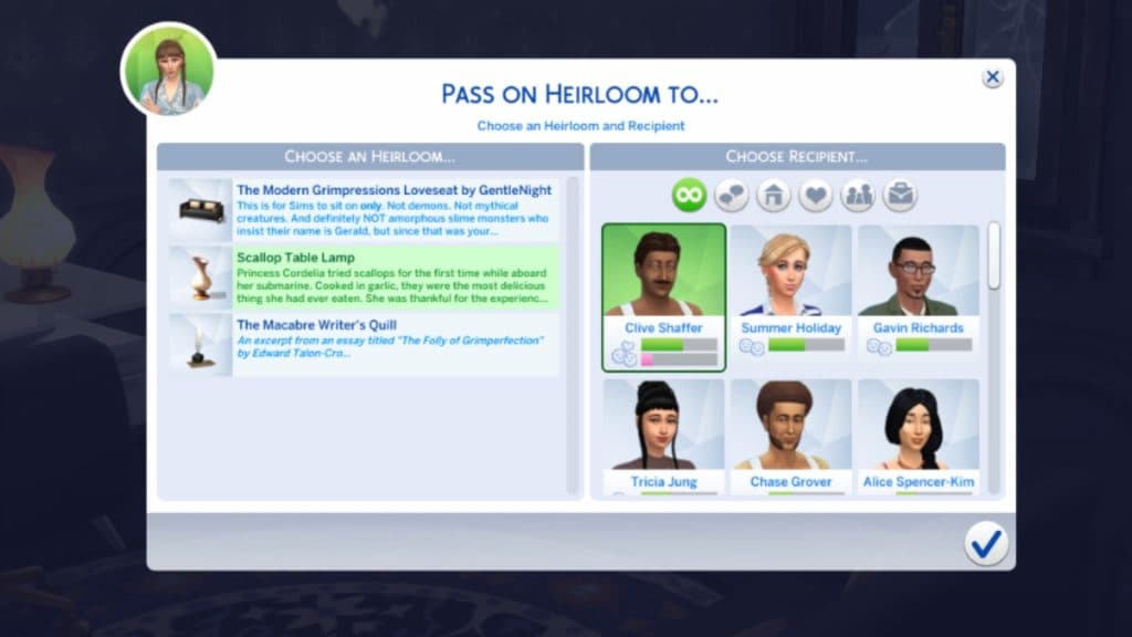 A screenshot featuring the Pass On Heirloom options in The Sims 4 Life & Death Expansion Pack.