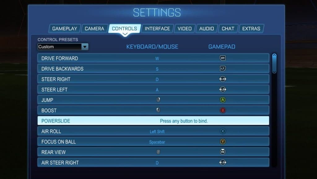 A screenshot of Rocket League's binding screen.