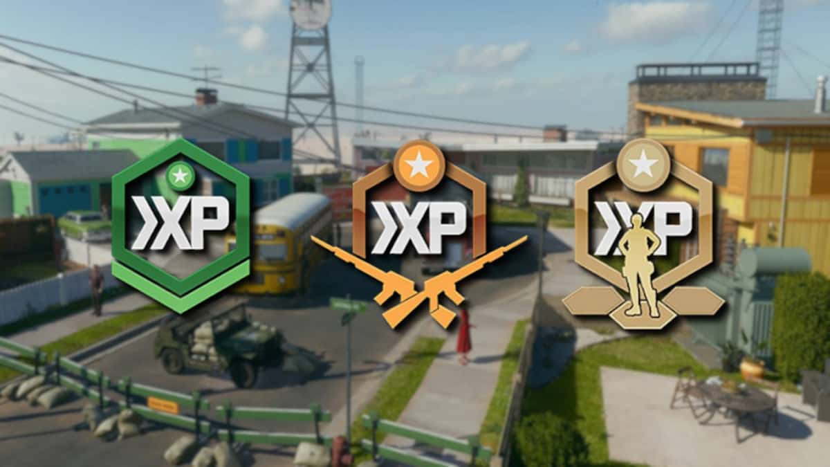 Three Double XP icons in front of a blurred image of Nuketown from Black Ops 6.