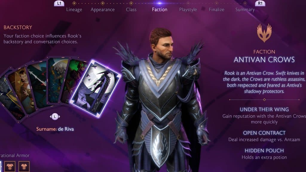 A screenshot of the Antivan Crows description screen in Dragon Age: The Veilguard.