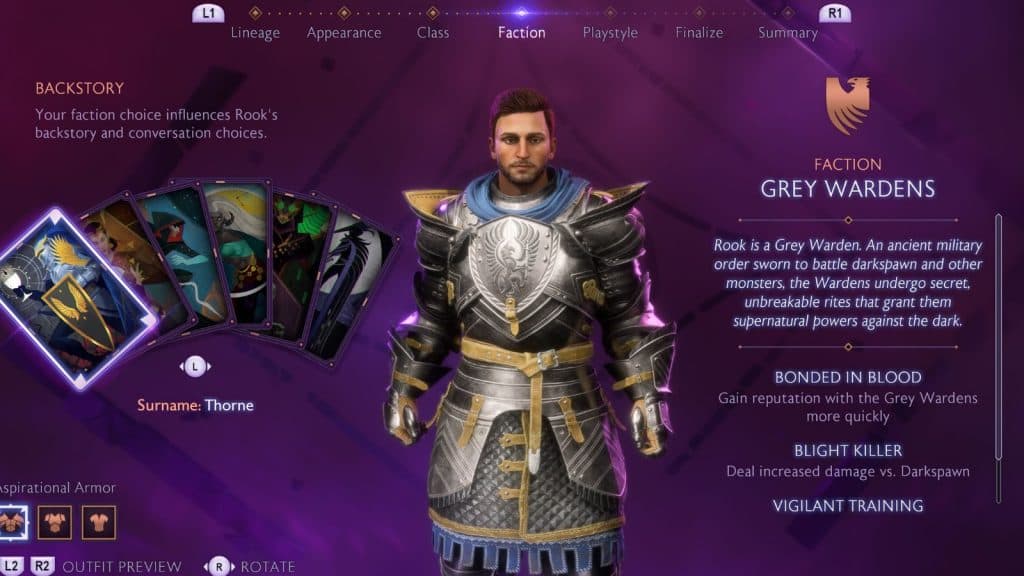 A screenshot of the Grey Wardens Faction description screen in Dragon Age: The Veilguard.