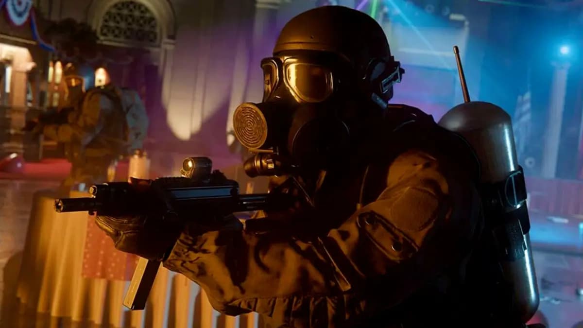 Black Ops 6 operator wearing gas mask and holding SMG