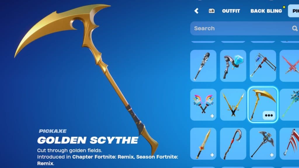 A screenshot featuing the Golden Scythe Pickaxe in Fortnite.