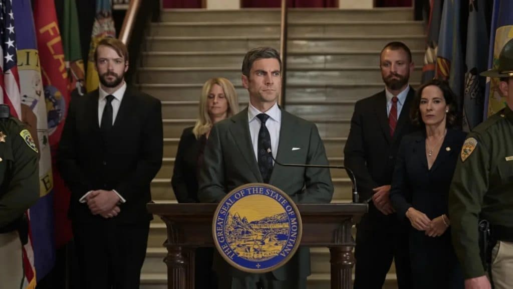 Wes Bentley as Jamie Dutton standing at a podium in Yellowstone Season 5 Part 2