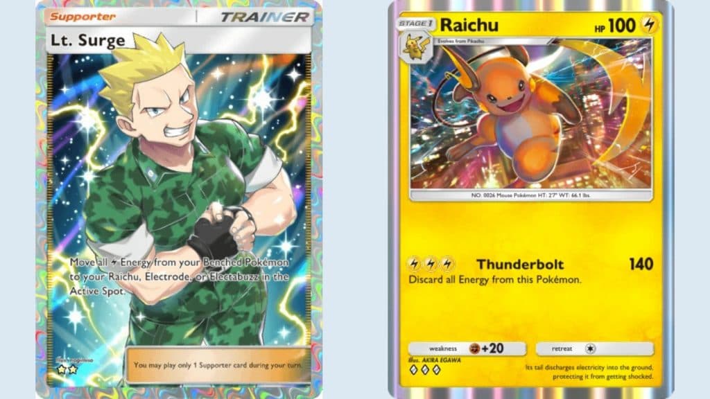 Lt. Surge Pokemon deck in TCG Pocket featuring the Raichu card.