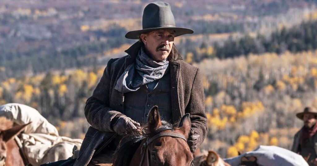 Kevin Costner in Horizon: An American Saga, sitting on a horse