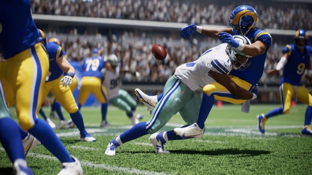 A LA Rams player getting tackled by an Indianapolos Colts player in Madden 25