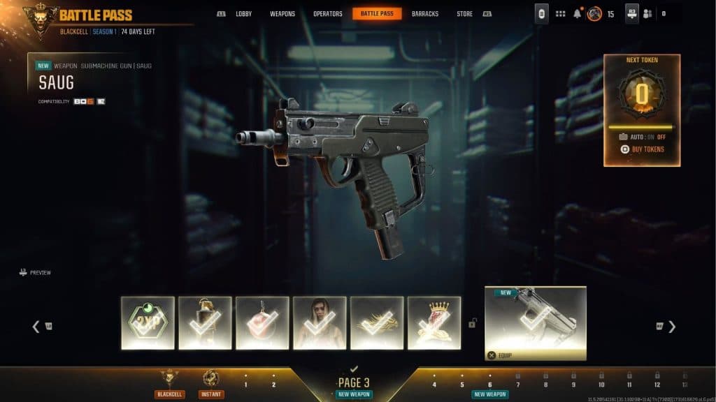 A screenshot of the Saug SMG in the Black Ops 6 Battle Pass.