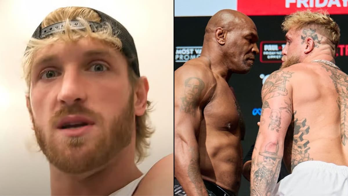 Logan Paul talking to camera side-by-side with Jake Paul and Mike Tyson squaring off