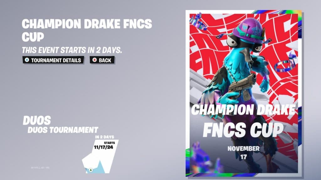 A screenshot featuring the FNCS Champion Drake skin in Fortnite Community Cup tab.