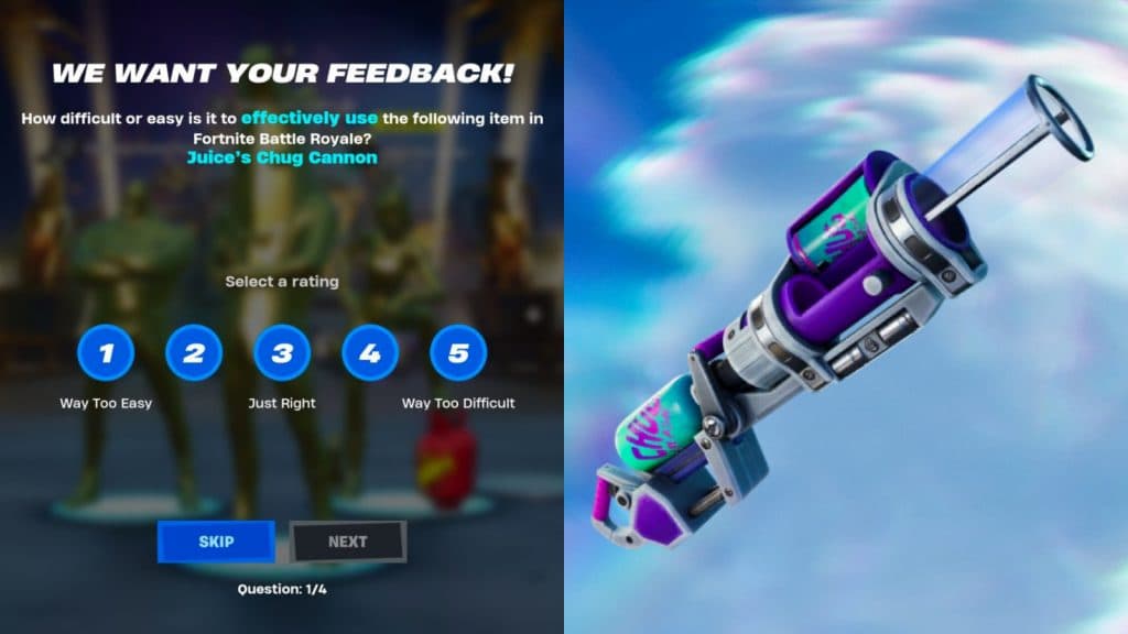 In-game Fortnite screenshot of the Juice WRLD Chug Cannon mentioned in the Epic Survey and an image of the original Chug Cannon in Fortnite.