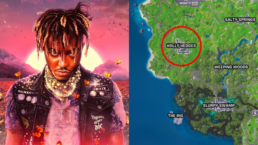 Juice WRLD's Legends Never Die album cover and his upcoming WRLD Point location marked on the Fortnite map.