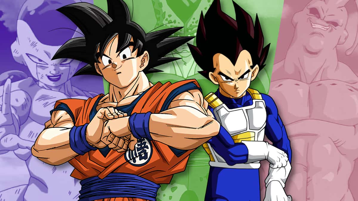 Goku and Vegeta with the major Dragon Ball villains in the background.