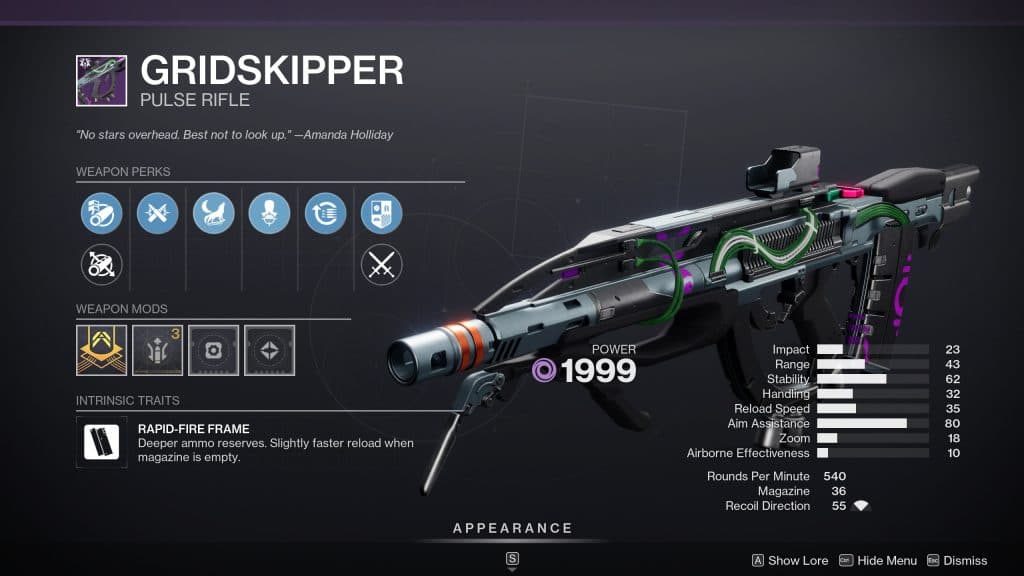 The PvP god roll for Gridskipper, including meta perks.