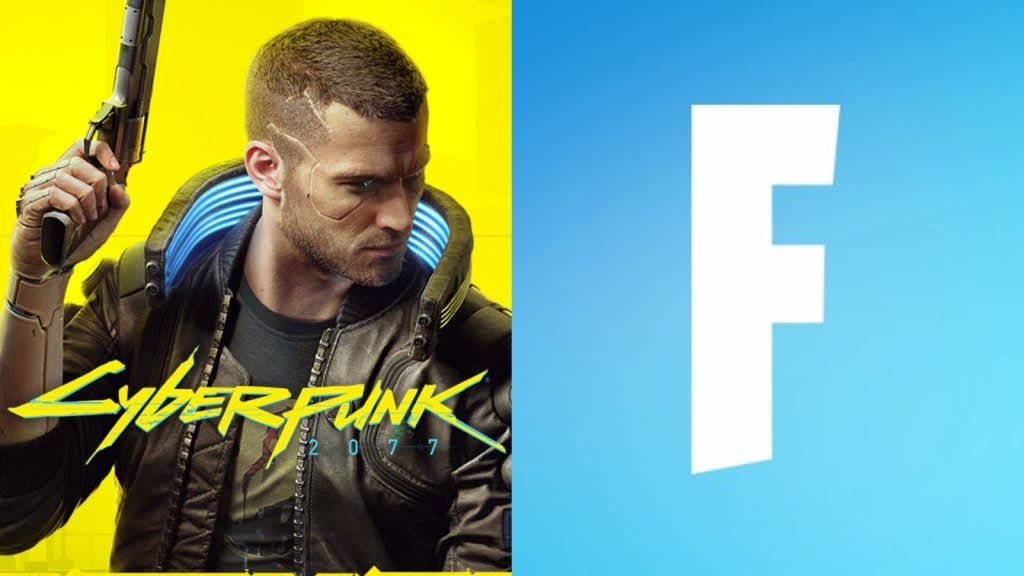 A screenshot featuring Cyberpunk 2077 and the Fortnite logo.