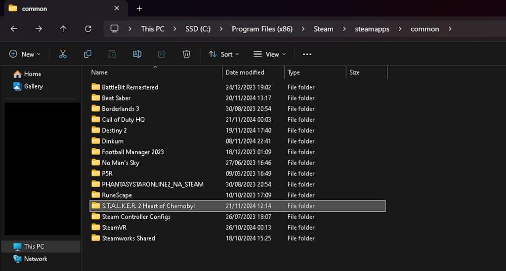 The mod folder location for Stalker 2: Heart of Chornobyl.