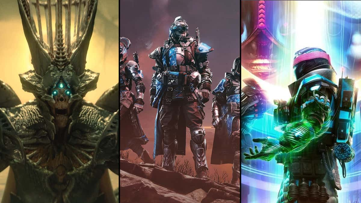 Promotional art of three Destiny 2 expansions: The Witch Queen, The Final Shape, and Lightfall.