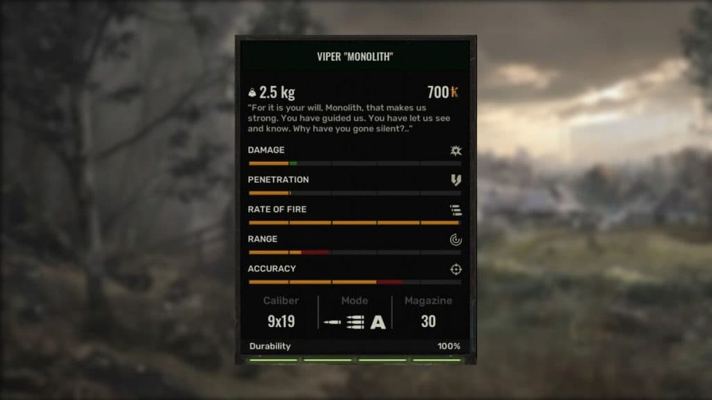 The Viper Monolith Stat screen in Stalker 2: Heart of Chornobyl