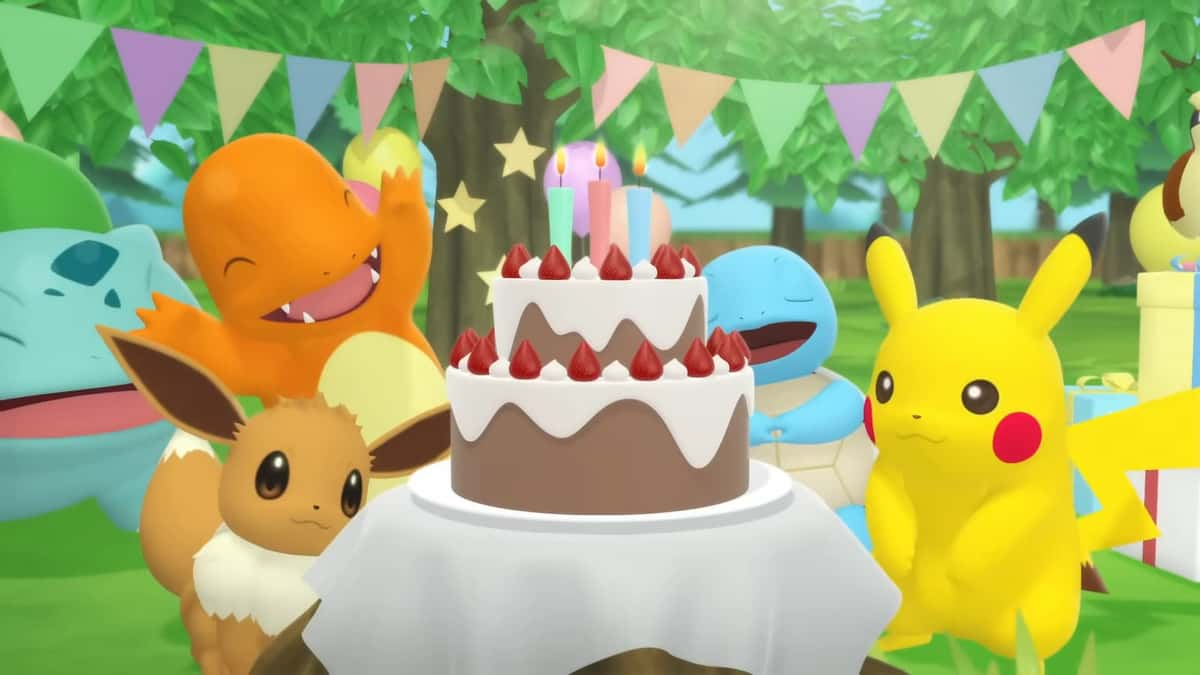 Pikachu, Charmander, Eevee, Squirtle, and Bulbasaur at a Pokemon birthday party