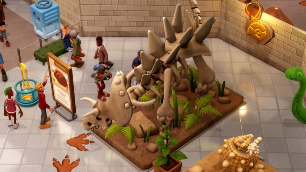 A screenshot featuring a Dinosaur fossil exhibit in Two Point Museum.