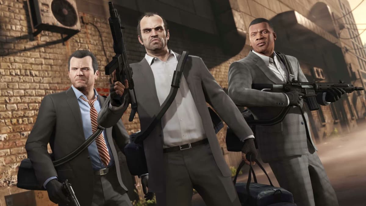 Screenshot of Michael, Trevor, and Franklin in GTA 5 dressed in suits holding assault rifles