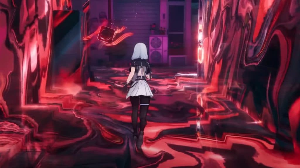 Anime girl running through an ally with red energy on the walls