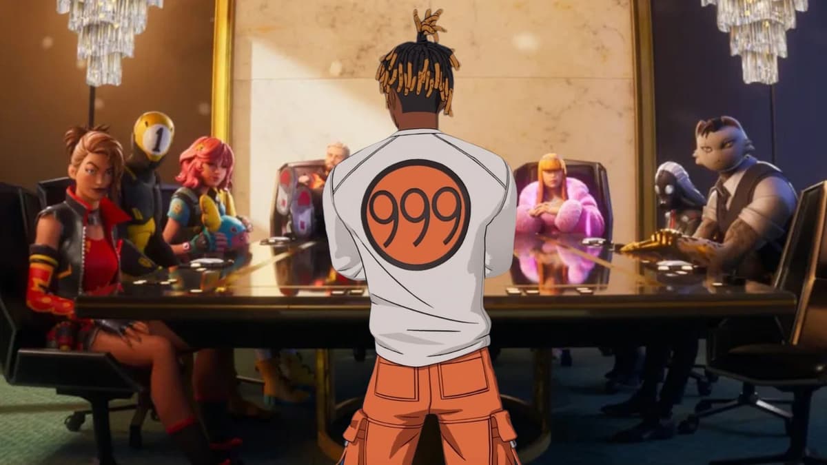 Fortnite characters looking at Juice WRLD around table