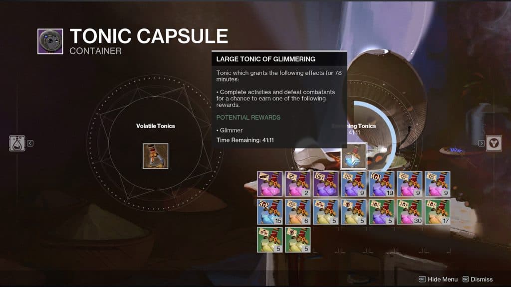 A Tonic of Glimmering being used in Destiny 2.