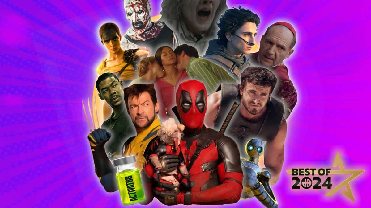 A collection of film characters from 2024 - including Deadpool, wolverine Longlegs, Art the Clown, Furiosa and more , emerge froma purple field.