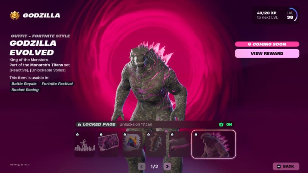 In-game Fortnite screenshot of the Godzilla Battle Pass rewards for Page 1.