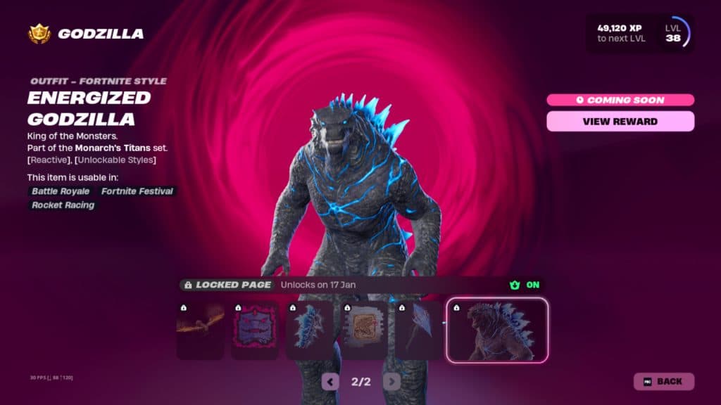 In-game Fortnite screenshot of the Godzilla Battle Pass rewards for Page 2.