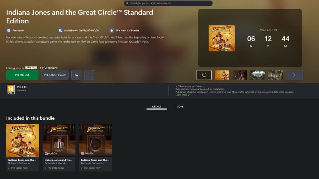 indiana jones and the great circle pre-install screen on xbox app