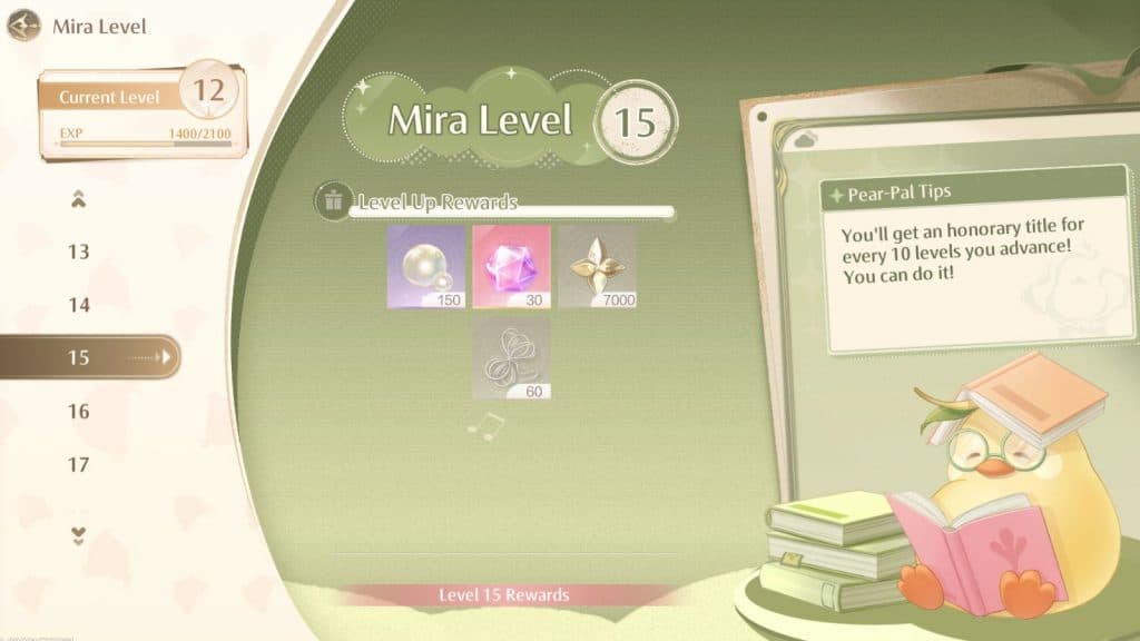 Infinity Nikki Mira Level rewards