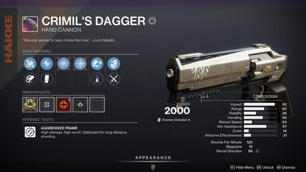 The Crimil's Dagger PvP god roll in Destiny 2.