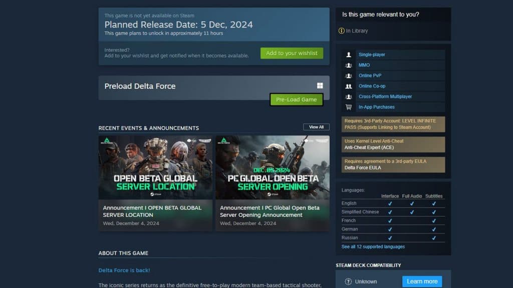 delta force steam page with preload button