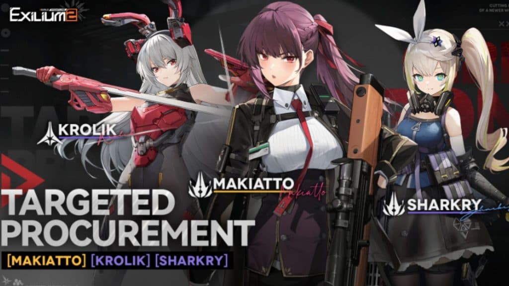 An image of the next Girls' Frontline 2 banner featuring Makiatto, Krolik and Sharkry.