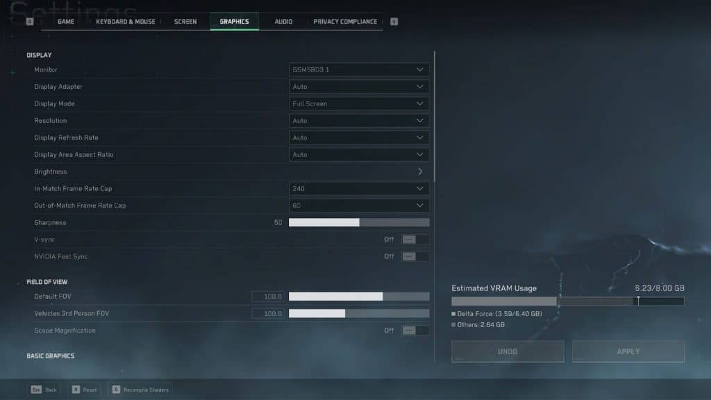 display section of delta force pc settings