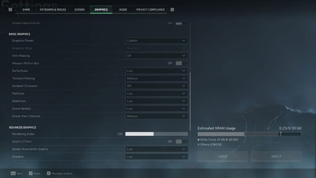 basic graphics settings in delta force