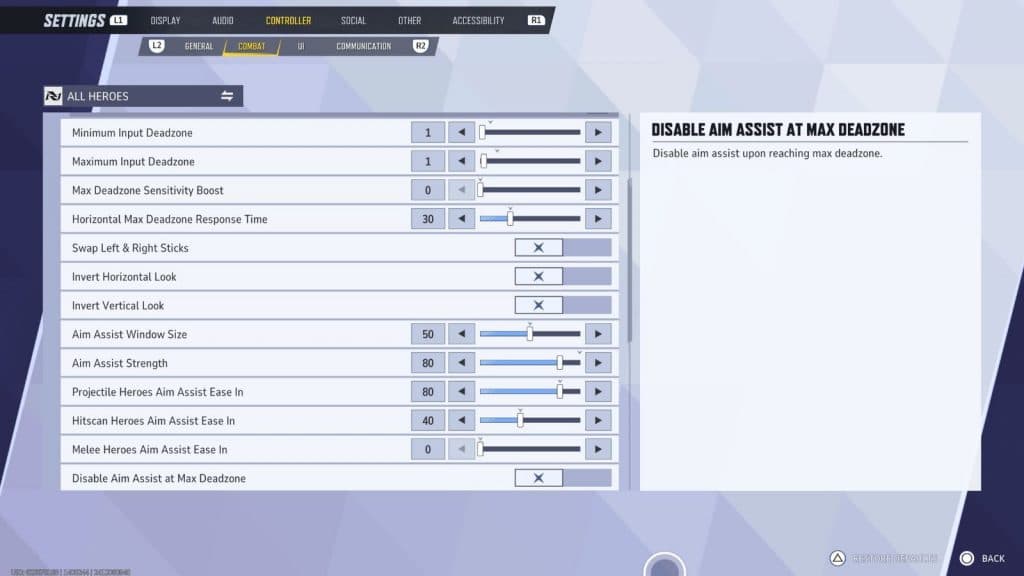 Screenshot of best aim assist settings in Marvel Rivals