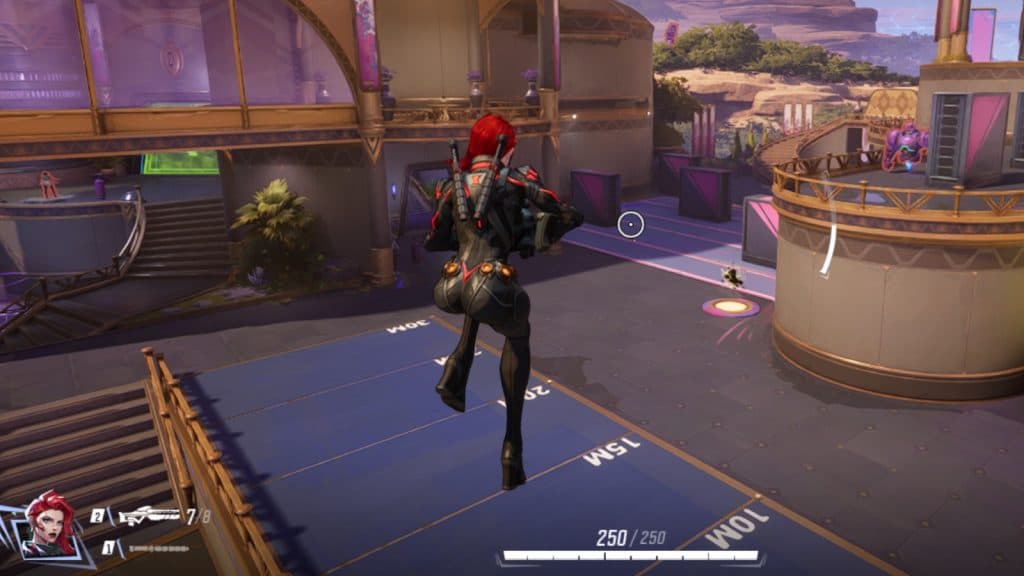 A screenshot featuring Black Widow jumping in Marvel Rivals.