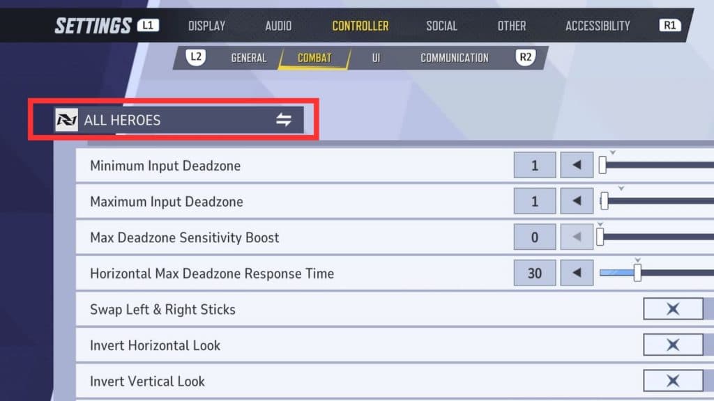 Screenshot showing to change settings for characters in Marvel Rivals