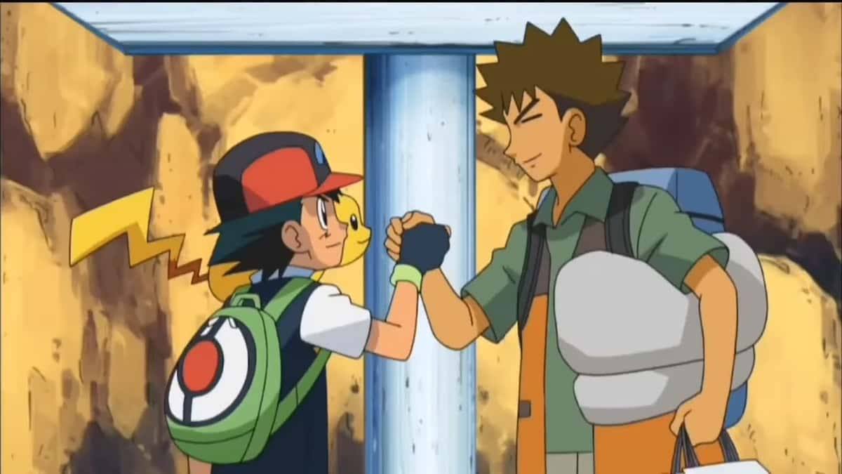 Ash saying goodbye to Brock in the Pokemon anime