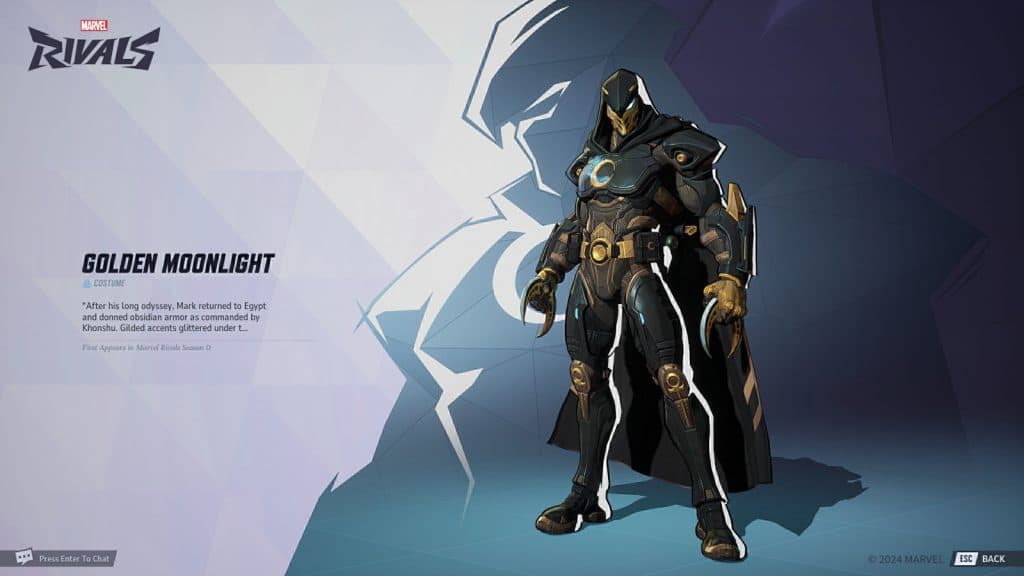 A screenshot featuring the Golden Moonlight Moon Knight skin in Marvel Rivals.