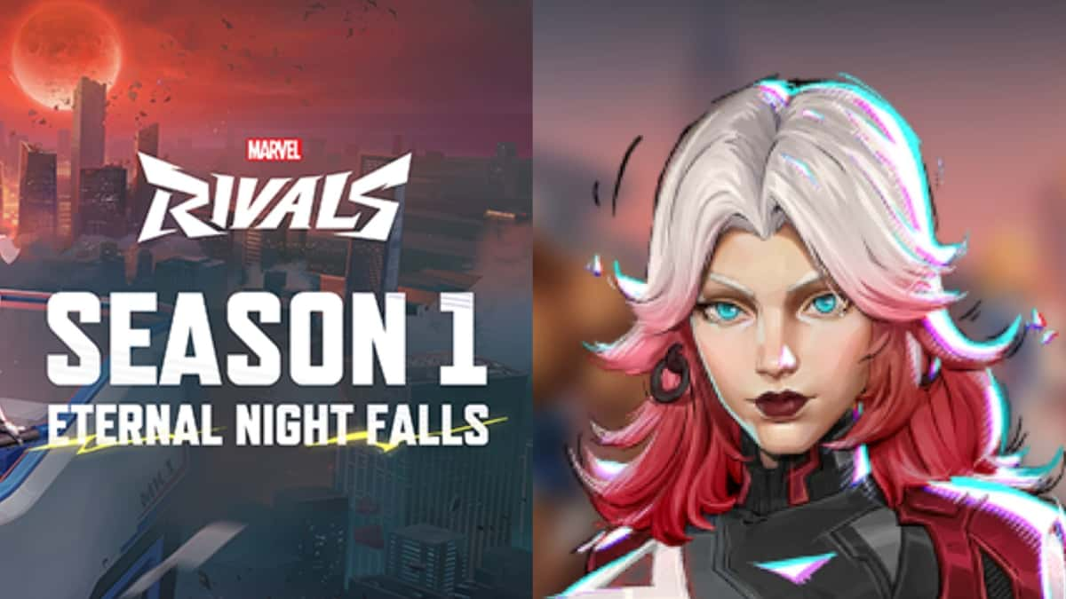 A screenshot featuring the Season 1 logo for Marvel Rivals in the Blood Shield Invisible Woman skin.